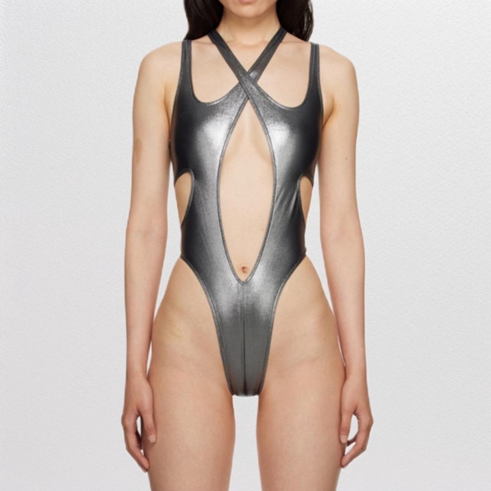 Mugler - Silver Crossed Swimsuit - NWT